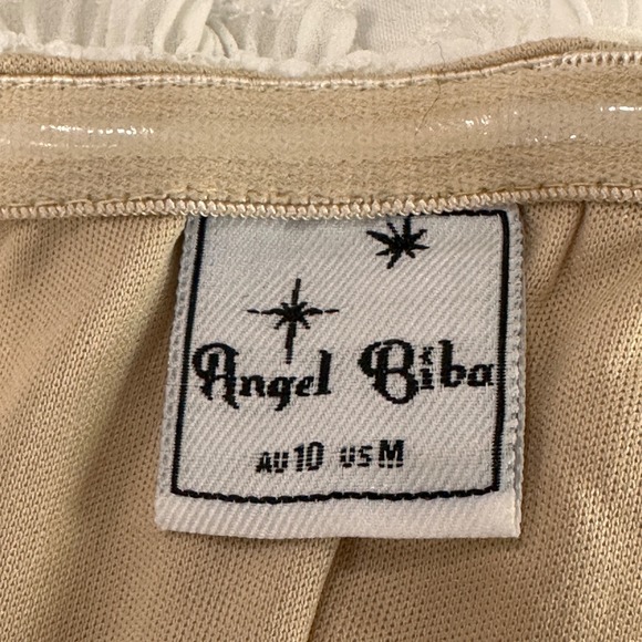 Angel Biba Lace High Low Mermaid Dress Women Size M White Tan Ruffle | Romantic - Picture 8 of 11